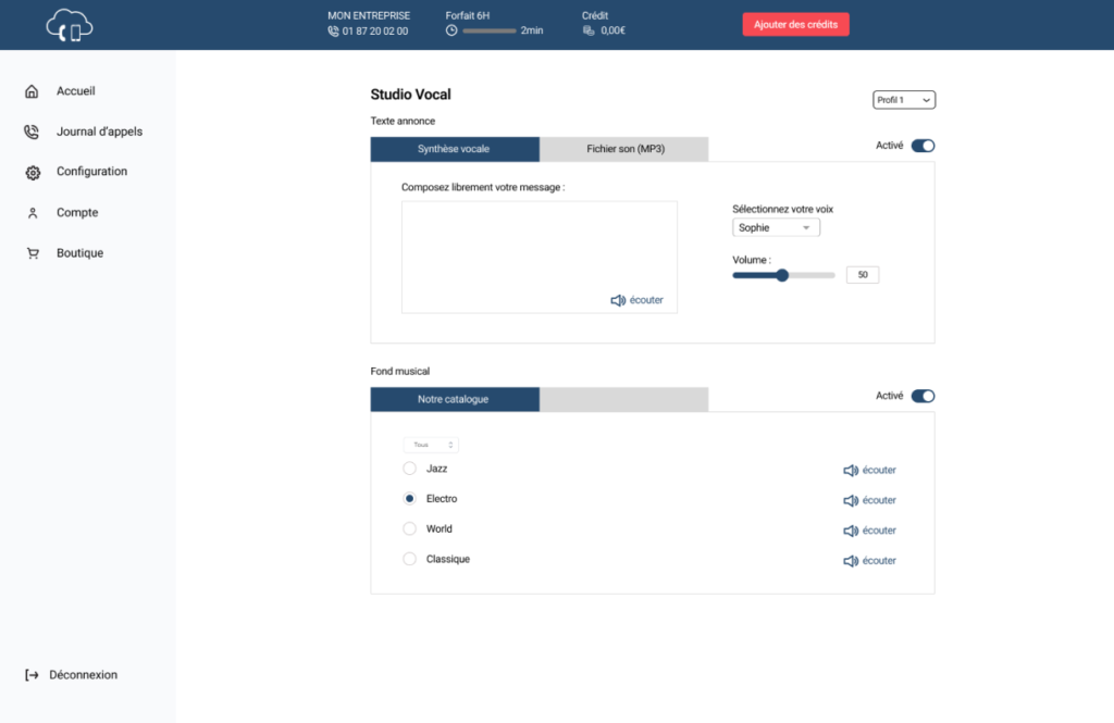 Image montrant la configuration d'un du studio vocal de standard en ligne